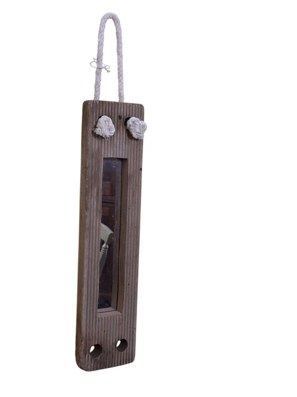 Rustic Wooden Wall Hanging Mirror Rope Nautical Knots Coastal Decor Grooves NWT